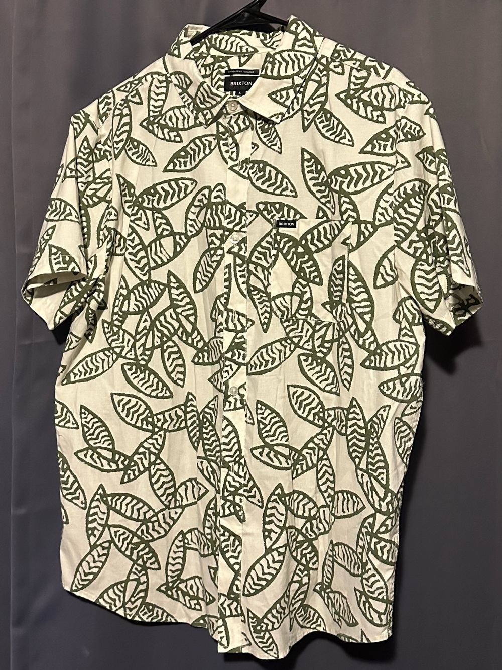 Brixton Short-Sleeve Leaf Print Button-Up — Olive on Cream